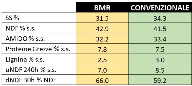 confronto del profilo chimico-nutrizionale e di digeribilità tra silomais convenzionali e con genetica BMR